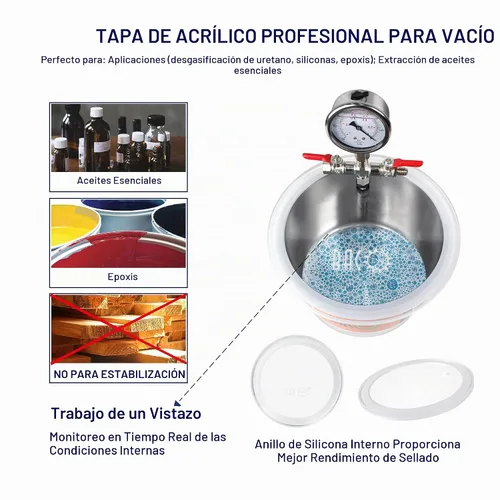 Vista 3 de Kit de cámara de aspiradora BACOENG, de silicona, para desgasificación de resinas, silicona y epoxies, acero inoxidable, 1.5 galones