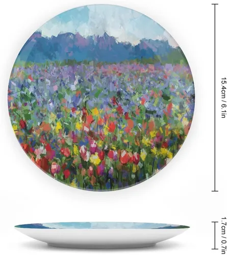 Vista 2 de Plato decorativo de porcelana redonda de 6 pulgadas, paisaje rural con ramo de flores de tulipán, prado de primavera, placa de exhibición para mesa