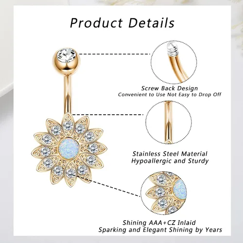 Vista 4 de Dochais 8 piercings para ombligo de acero quirúrgico para mujer, de acero inoxidable, ópalo, perla brillante, circonita cúbica, joyería de piercing