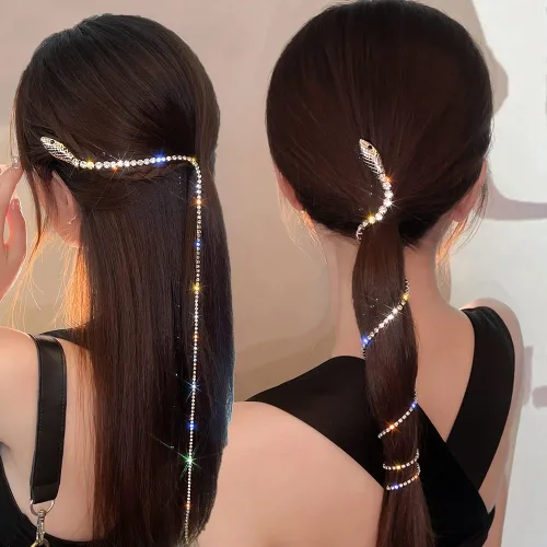 Vista 2 de 2 cadenas de pelo de serpiente con diamantes de imitación brillantes, diadema de cristal con borla larga, accesorios para el cabello, joyas, pinzas