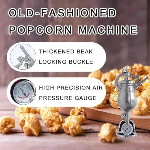 Vista 7 de Máquina de palomitas de maíz vintage, popper retro de acero inoxidable de 17.6 fl oz con válvula de seguridad, perfecta para fiestas en casa, noches