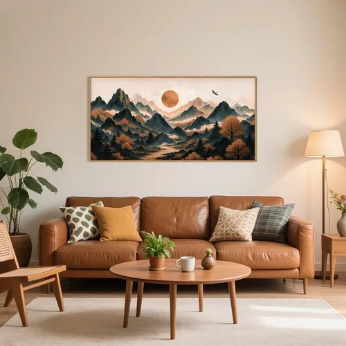 Vista 54 de Celestdeco Juego de arte de pared en lienzo abstracto y neutro grande con marco naranja, moderno y minimalista para pared, diseño geométrico bohemio