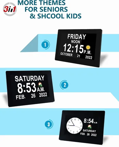 Vista 4 de Véfaîî Reloj digital de demencia con fecha y hora para ancianos, 10 niveles de atenuación automática, 19 alarmas y recordatorios personalizados