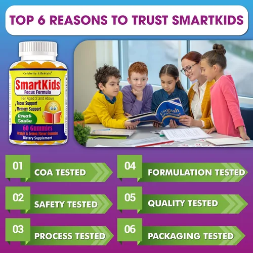 Vista 6 de SmartKids - Gomitas de refuerzo cerebral para niños y adolescentes, suplemento cerebral, vitaminas en gomitas para niños con enfoque cerebral, DHA