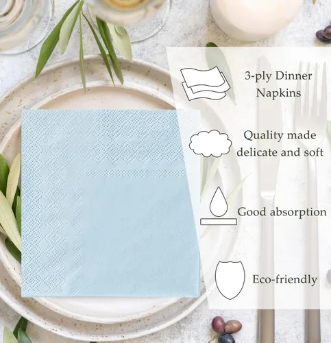 Vista 4 de 50 servilletas de cóctel de 3 capas de color azul bebé, servilletas de postre, servilletas de papel desechables para bodas, fiestas de cumpleaños