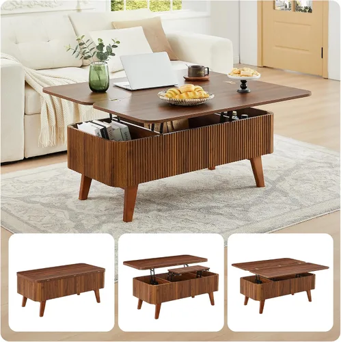 Vista 3 de Mesa de centro elevable 3 en 1, mesas de centro convertibles acanaladas que se convierten en mesas de comedor, moderna mesa central de madera Nuez 3