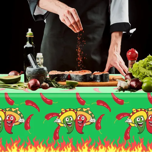 Vista 6 de Remerry Mantel de plástico con chile del Cinco de Mayo, desechable, color rojo y verde, suministros de decoración para mesa rectangular, fiesta