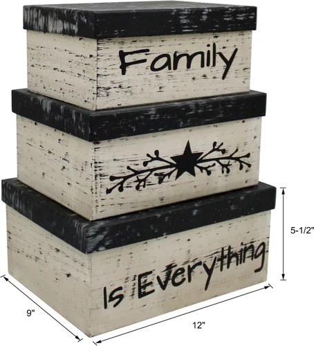 Vista 6 de CVHOMEDECO. Cajas anidadas rectangulares vintage primitivas de cartón “La familia lo es todo”, grandes 12 x 9 x 14 cm. Juego de 3.