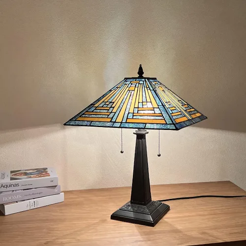 Vista 2 de Tiffany - Lámparas de mesa de 16 pulgadas de ancho hechas a mano con vitrales para lectura, 2 luces, estilo misión azul, luz de mesa antigua