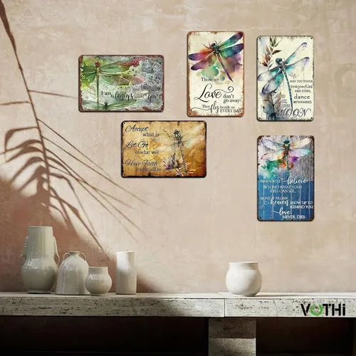 Vista 6 de Letrero retro de libélula What We Love Will Not Go Away 8x12 pulgadas Aluminio, divertido diseño retro, decoración de cocina, hogar, cafetería