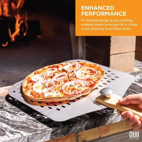 Vista 4 de Pala de Pizza Perforada de 12 x 14 Pulgadas. - Espátula de Metal de Aluminio para Parrilla con Mango Plegable. Accesorios y Herramientas para Horno