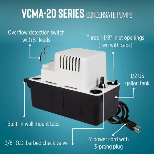 Vista 3 de Little Giant VCMA-20ULST - Bomba automática de eliminación de condensado de 115 voltios, 80 GPH, 1/30 HP para sistemas