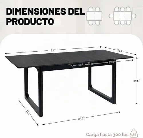 Vista 2 de HNY Mesa de comedor de madera extensible para mesas de cocina rectangulares modernas de 4 a 8 pulgadas, 71 pulgadas con base de madera, mesa de Negro
