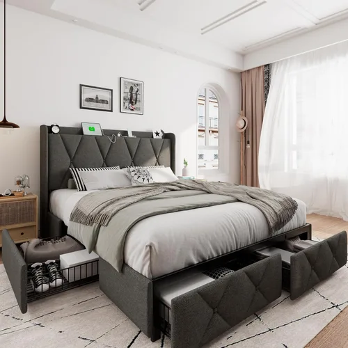 Vista 12 de iPormis - Marco de cama de tamaño matrimonial con 4 cajones de almacenamiento, base de cama tapizada con estación de carga, cabecera de Beige