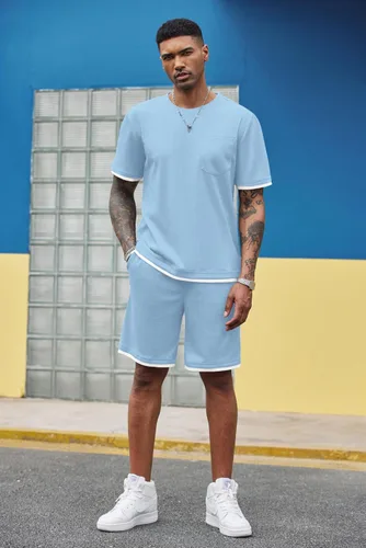 Vista 79 de COOFANDY Conjunto de camisa y pantalones cortos de gofre para hombre, conjunto de 2 piezas, conjunto casual de verano con bolsillos