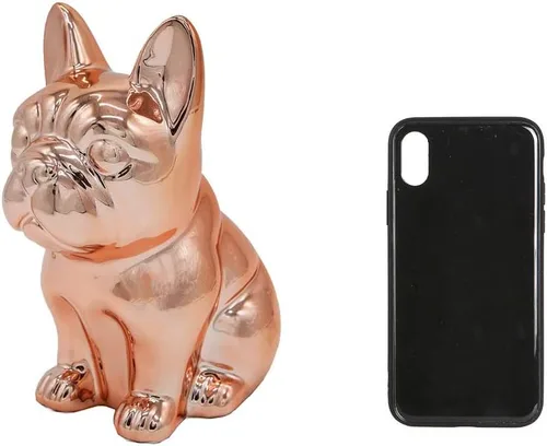 Vista 5 de Estatua de bulldog francés, estatua metálica de cerámica sentada en oro rosa, escultura decorativa para perro o decoración del hogar, estatua