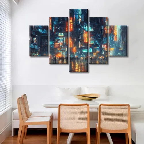 Vista 294 de Cuadros de 5 paneles de Cyberpunk City, arte de pared, representación de vallas publicitarias, edificios modernos en la capital con obras de arte