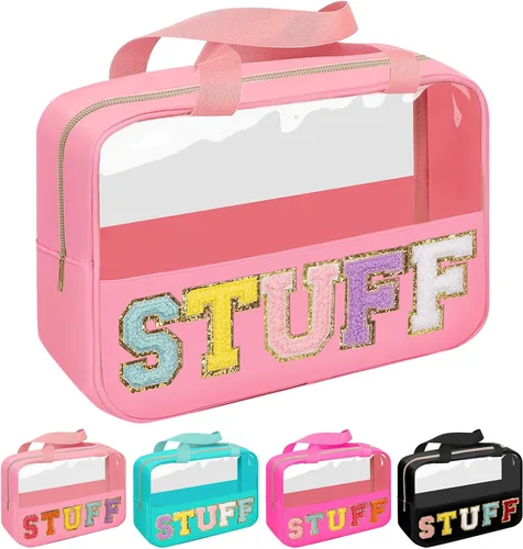 Vista 14 de Iqimott Bolsa de bebé con parche de letras de chenilla, bolsa de cosméticos transparente para maquillaje, bolsa grande de almacenamiento
