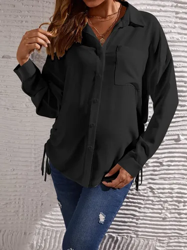 Vista 3 de OYOANGLE Blusa de maternidad para mujer, con bolsillo frontal, manga larga, dobladillo con cordón