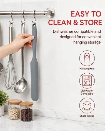 Vista 4 de Kichvoe Espátula de silicona para tarro – Espátula antiadherente para masa madre – Spurtle de goma estrecha gris resistente al calor cuchara