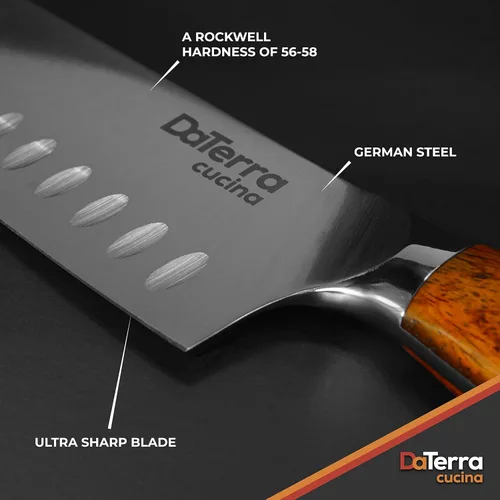 Vista 8 de DaTerra Cucina - Cuchillo Santoku de 7 pulgadas - Cuchillo de cocina profesional de acero alemán con mango ergonómico de palisandro, afilado