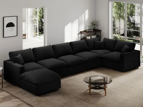 Vista 45 de Sofá seccional moderno de lino en forma de L para sala de estar, sofás modulares con relleno de plumón, fundas de cojín de sofá desmontables, sofá