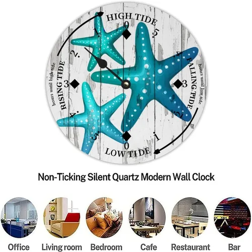 Vista 7 de Reloj de marea de estrella de mar oceánico, silencioso sin tictac, funciona con pilas, reloj de marea de madera, arte de pared, reloj de movimiento