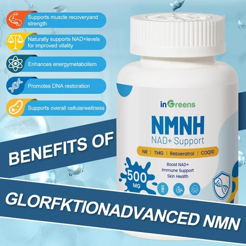 Vista 3 de inGreens 500 mg NMNH, alternativa de suplemento NMN con NR, TMG, resveratrol, COQ10, suplemento NAD, antienvejecimiento, energía, aumenta