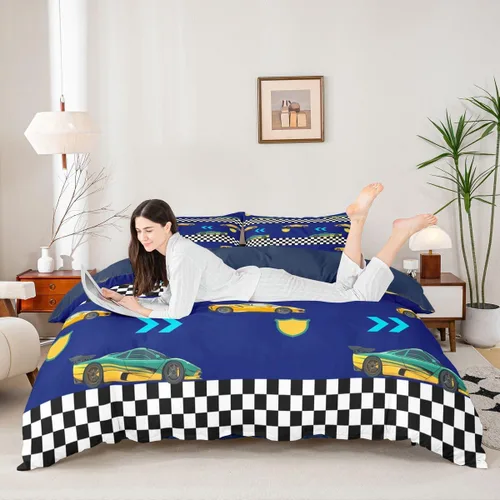 Vista 4 de Feelyou Race Car Duvet Cover Twin Size Boys Girls Speed Sports Car Bedding Set Breathable Soft Racing Comforter Cover 2Pcs Black White Checked Azure