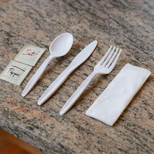 Vista 7 de Kit de cubiertos envueltos 6 en 1 – Tenedor/Cuchara/Cuchillo/Servilleta/Sal/Pimienta – Kit de cubiertos desechables, perfecto para el almuerzo