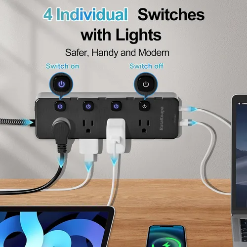 Vista 5 de Regleta de protección contra sobretensiones de 10 pies - 8 tomas de CA ampliamente espaciadas, 4 puertos USB (2 USB C), cable de extensión