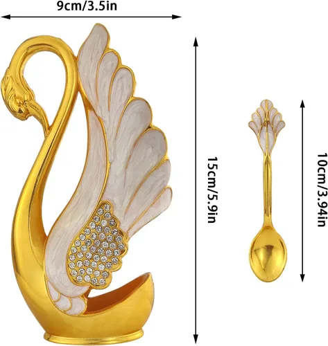 Vista 3 de Soporte de base de cisne con 6 cucharas de postre de café, organizador de cucharas de café de metal, cucharadita de fruta, postre, cubiertos