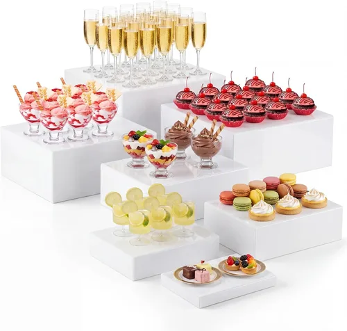 Vista 28 de Leinuosen Juego de 7 Elevadores Grandes para Buffet de 6" a 12" Caja de Exhibición de Acrílico Elevador de Mesa de Postres para Catering Soporte