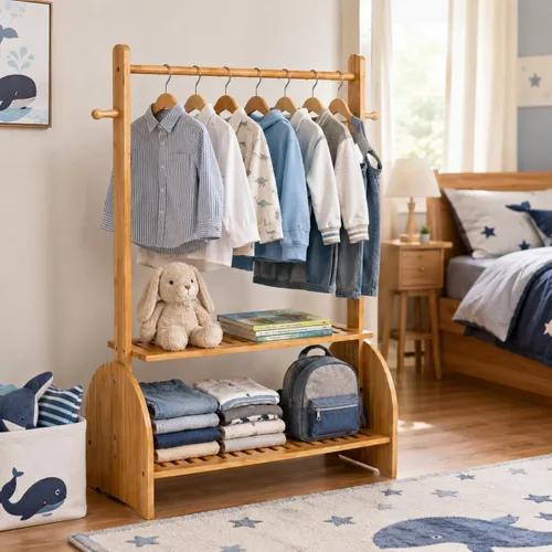 Vista 8 de BAMBOOHOMIE Perchero de ropa para niños con varillas ajustables, perchero de ropa para niños, bebés, mascotas, perchero para niños con 2 estantes