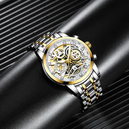 Vista 5 de Gosasa Relojes de lujo ahuecados para hombre, cronografía de diamantes de alta calidad, reloj de moda para hombre, calendario de acero inoxidable