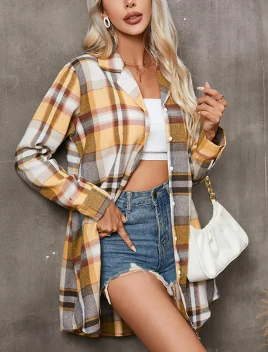 Vista 2 de Ekouaer Camisones de algodón para mujer, con botones, manga larga, a cuadros, estilo casual, para novio
