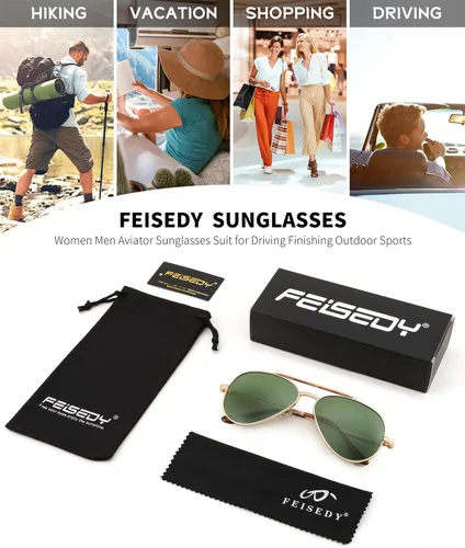 Vista 7 de FEISEDY Gafas de sol polarizadas clásicas de aviador para mujeres y hombres, retro de moda, doble puente de metal, montura de piloto, B9113
