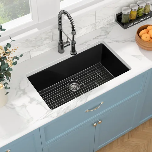 Vista 15 de Sarlai 21 Inch Black Undermount Kitchen Sink Granite Composite Wet Bar Sink Negro