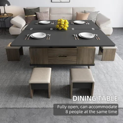 Vista 6 de Mesa de centro elevable con 4 taburetes de poliuretano, mesa de centro clásica de color negro con contraste marrón que se convierte en mesa