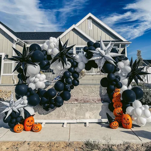 Vista 4 de Kit de arco de globos de Halloween, globos de esqueleto blanco y negro para decoración de Halloween, guirnalda de globos con estrella de explosión