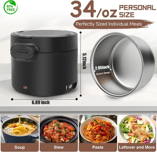 Vista 3 de Lonchera eléctrica para hombres, 1L/34oz 100W calentador de alimentos portátil a prueba de fugas calentador de alimentos para adultos 12V/24V/110V