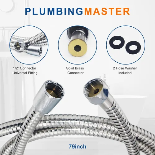 Vista 6 de Manguera de ducha de 60 pulgadas de acero inoxidable de mano de repuesto con tuerca de latón, extensión de manguera de ducha flexible larga