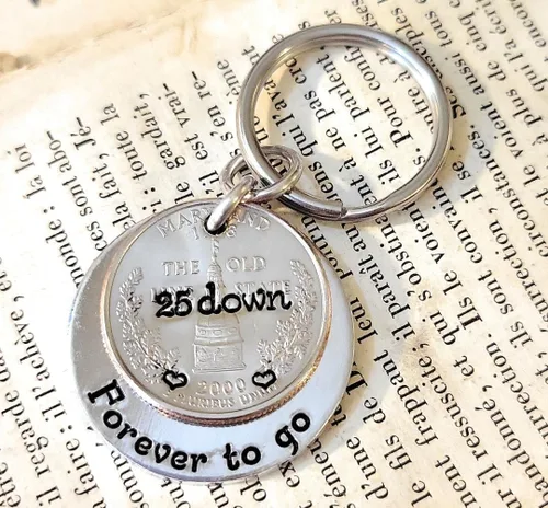 Vista 2 de 25 Down and Forever To Go, 25th Anniversary Year Penny Key Chain, 25th Wedding Anniversary, Personalized Options