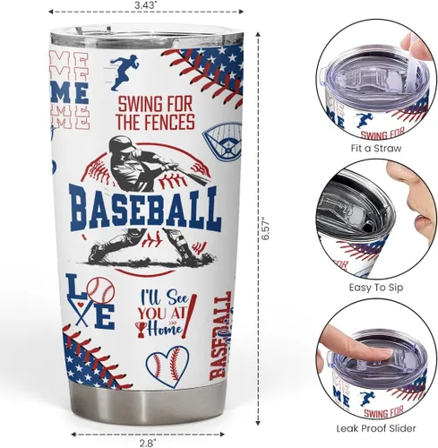 Vista 4 de SANDJEST Tazas de viaje aisladas de acero inoxidable de béisbol, tazas de café de 20 onzas y 30 onzas, regalo para amantes del béisbol, mamá, papá