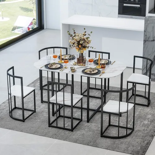 Vista 10 de Quarte Moderno juego de mesa de comedor de 7 piezas con mármol sintético, juego de mesa de cocina de metal compacto, diseño de silla triangular