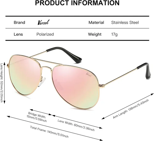 Vista 3 de Versol Aviador para hombres y mujeres con protección UV400, lentes de sol polarizados ligeros de aviador