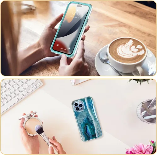 Vista 6 de Esdot Funda para iPhone 15 Pro con protector de pantalla integrado, funda duradera con diseños de moda para mujeres y niñas, elegante funda Piedra
