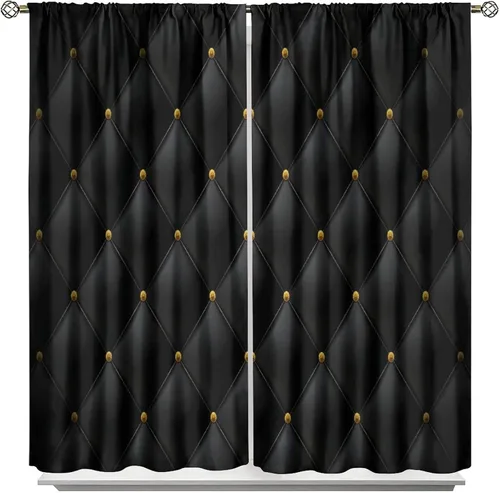 Vista 107 de Cortinas Negras con Dobladillo Dorado, Cortinas Opacas con Bolsillo para Barra con Estampado de Rayas de Foil en Onda Dorada para Decoración de Negro
