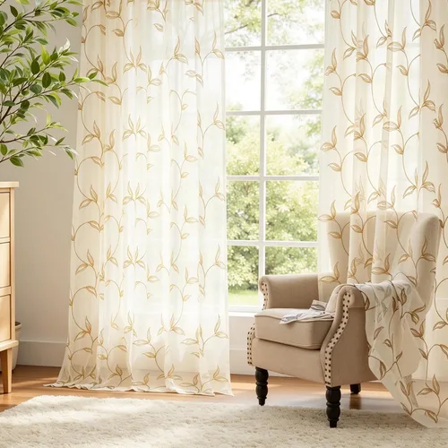 Vista 4 de VISIONTEX 2 paneles de cortinas traslúcidas de 63 in de largo, cortinas de gasa semitransparentes bordadas con hojas florales beige, bolsillo