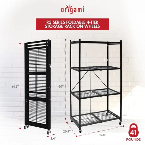 Vista 3 de Origami Estantes de almacenamiento con ruedas, estantes de acero, almacenamiento y organización de garaje resistente, organizador de armario